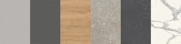 Bande de six échantillons juxtaposés : gris clair, gris anthracite, décor chêne clair, pierre veinée grise, ardoise sombre et marbre blanc veiné